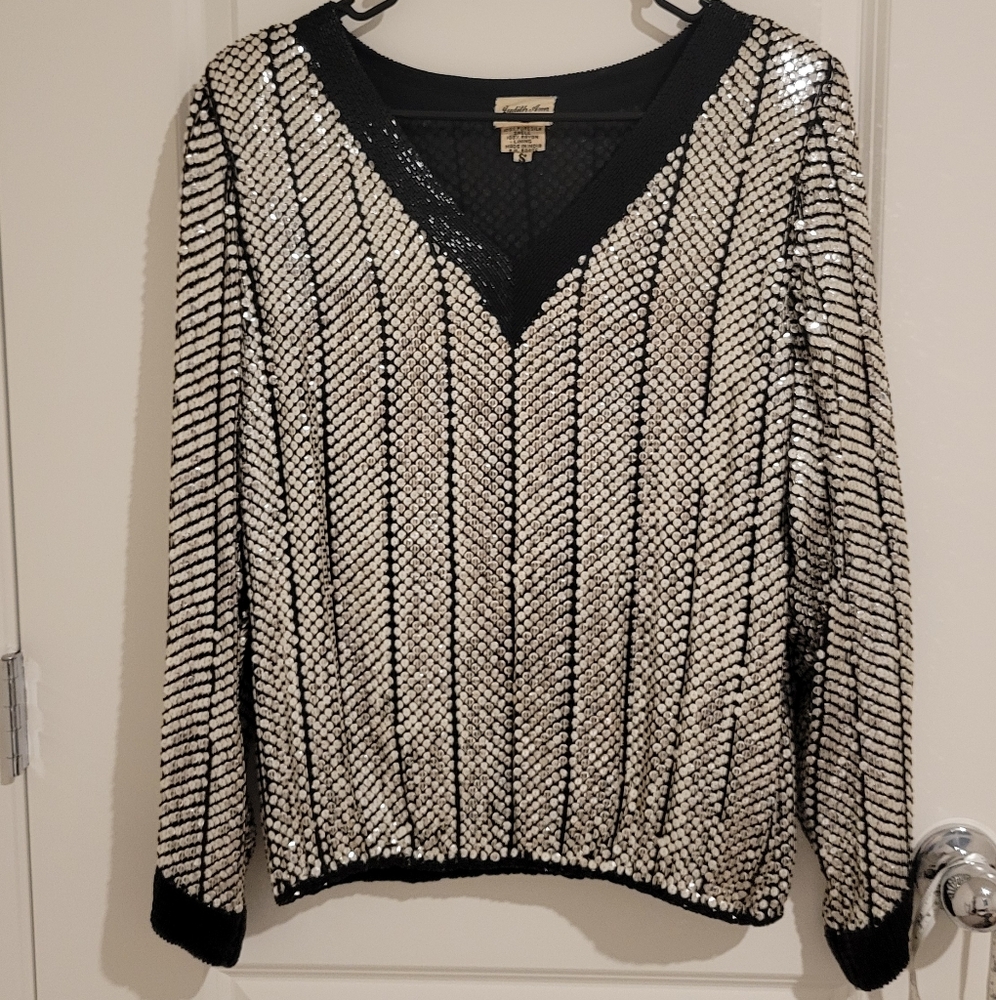 Judith Ann Creations Vintage Silk Sequin Beaded Blouse Size Small